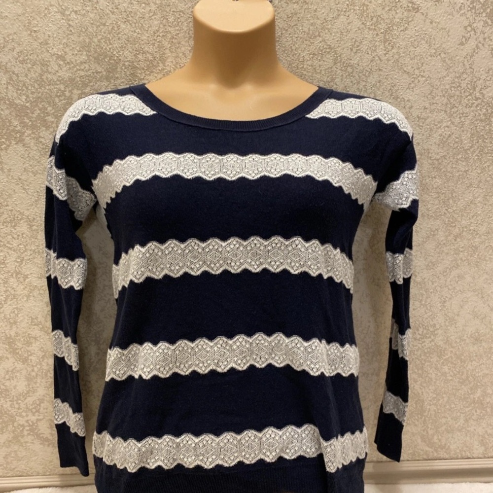 American Eagle Outfitters Navy and Faux White Lace Striped Sweater